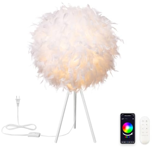 Star Vision Smart Tripod Feather Table Lamp with App & Voice Control, Dimmable E27 LED Bulb Included, Fluffy White Bedside Desk Light for Bedroom Decor, Compatible with Alexa & Google Assistant