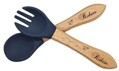 Ensemble couverts gravé - cuillère et fourchette pour enfant - bois et silicone - personnsalisé (plusieurs coloris et gravures disponibles) (Bleu marine)