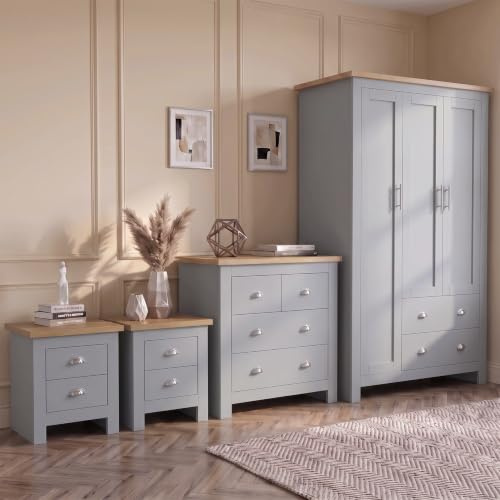 Blisswood 4 Piece Bedroom Furniture Set, 3 Door Wardrobe, 2+2 Drawer Chest of Drawers & 2 Drawer 2 Bedside Tables, Modern Shaker Style Bedroom Wardrobe Set with Oak Top, Grey Bedroom Storage Furniture