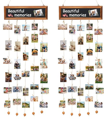 Fevorticity Set di 2 tende fotografiche con 60 mollette in legno e lavagna | Cornice portafoto con mollette, fai da te, per compleanno, matrimonio, Natale e decorazione per la casa