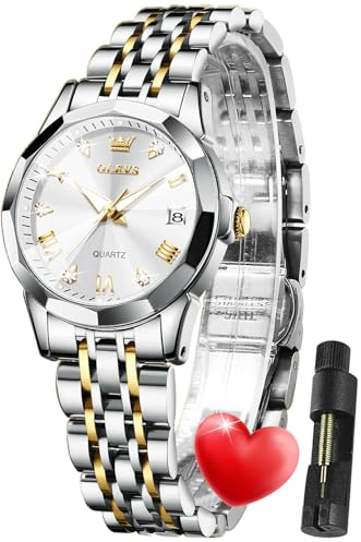OLEVS Damen Uhr Quarzuhr mit Diamant Edelstahlarmband Wasserdicht Datumsanzeige Elegante Damenuhr für Frauen Geschenke zum Muttertag
