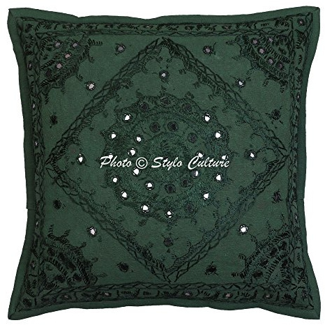 Stylo Culture Ethnico Fundas De Cojines Decorativos 40x40 cm Algodón Espejado Fundas Almohadones Sofa Verde 16x16 Inch Bordado Cuadrado sobre Cojin para La Cama - 1 Pc