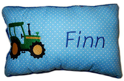 Momelie Blaues Schmusekissen * Kuschelkissen * grüner Traktor * mit Namen Bestickt * 17 x 29 cm * SK-bl_0120