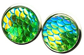 Ohrringe Fischhaut Schuppen Meerjungfrau Regenbogen schillernd blau grün türkis Wasser Resin Ohrstecker Stecker Cabochon silber bronze gold Juvelato