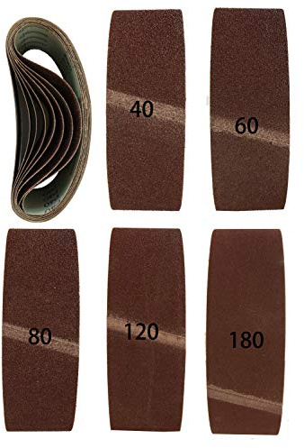 Goodway Nastri abrasivi in tessuto - 20 pezzi, 75 x 533 mm, grana mista (4 grana 40/60/80/120/180) - Ideale per levigatrice a nastro, set versatile di nastri abrasivi per legno e metallo