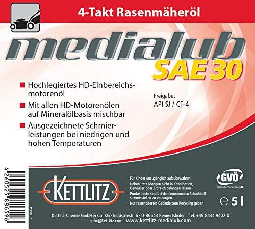 5 Liter Mineralisches 4-Takt Rasenmäheröl KETTLITZ-Medialub SAE 30 Motorenöl auf Mineralölbasis