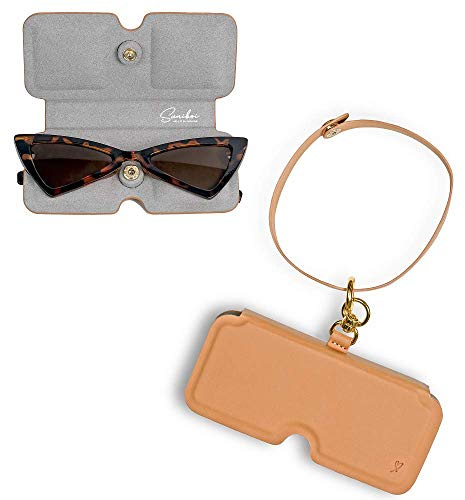Brillenetui Damen, Herren, Kinder - Brillentasche, weich, schmal - Brillenhülle - Brillenbeutel - Brillen Etuitasche - Sunglasses case Sonnenbrillen - mit Karabiner, zum Anhängen(braun mit Gold)