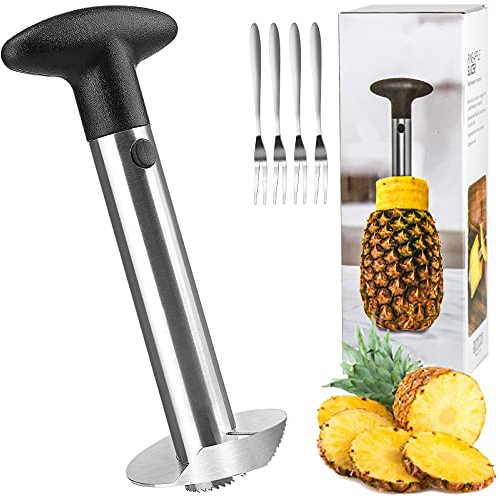 Cortador de Piña, Pelador de Piña de Acero Inoxidable con 4 tenedores de Fruta para Pelar y Descorazonar las Piñas - 24cm, Negro