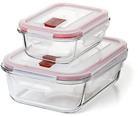 TATAY Set di 2 contenitori per il pranzo Cook&Eat Food (0.37L e 1.1L), in Vetro, Ermetici, Coperchio a clip, Senza BPA, Adatti per microonde, forno, congelatore e lavastoviglie, Colore Rosso