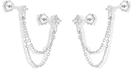 Round CZ Flower Double Piercing Studs Chain Cuff 925 Sterling Silver Earrings for Women Teen Girls Cartilage Tassel Dangle Drop Climber Crawler Cute Fashion Minimalist Jewelry Gifts Birthday