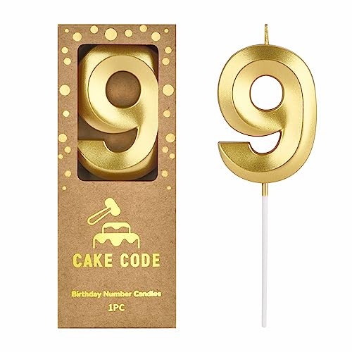 CAKE CODE 2.76 Inch Diamond Gold 9 Number Birthday Candles, Gold Number Candles, Cake Number Candles, Party Celebration