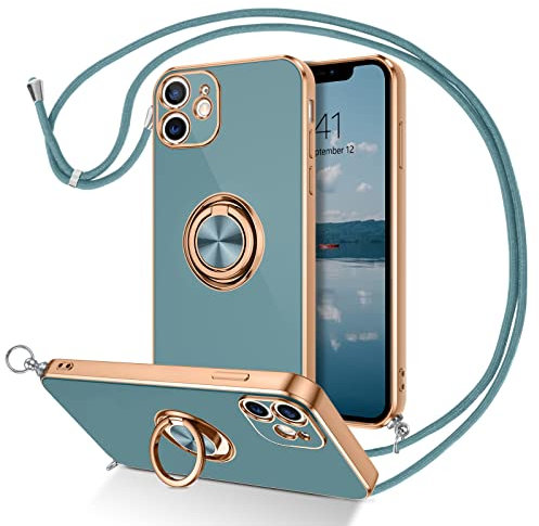DUEDUE Coque pour iPhone 11 avec Cordon et Anneau Rotatif, Protection Caméra Souple Fine Doublure Microfibre Anti-Rayures, Coque de Téléphone pour iPhone 11 Bague Corde Bandoulière Réglable, Gris