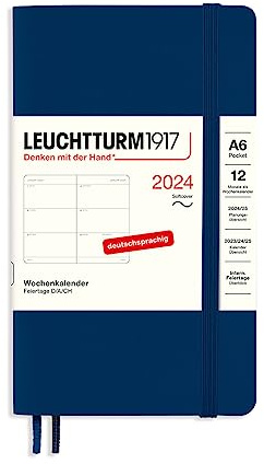 LEUCHTTURM1917 367671 Wochenkalender Pocket (A6) 2024, Softcover, Marine, Deutsch, 12 Monate
