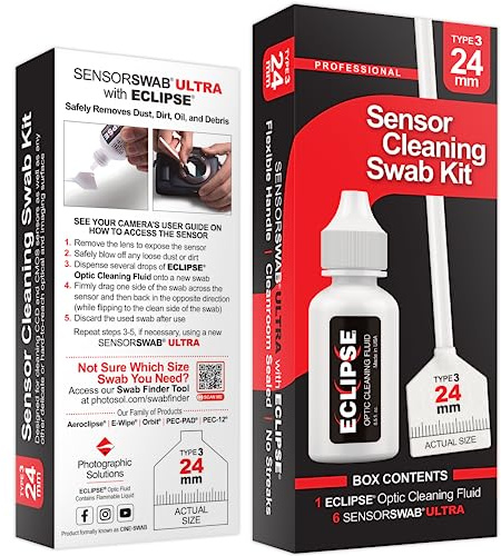 Kit de hisopo de limpieza de sensor – Solución de limpieza óptica Eclipse (0.5 onzas/15 ml) + hisopos tipo 3 Ultra de 24 mm (paquete de 6) – para sensores CMOS y CCD de marco completo