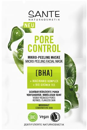 SANTE Naturkosmetik Pore Control BHA Micro Peeling Mask, con té verde orgánico mate, complejo BHA y niacinamida, mascarilla vegana para pieles mixtas, limpieza facial refinadora de poros, 8 ml
