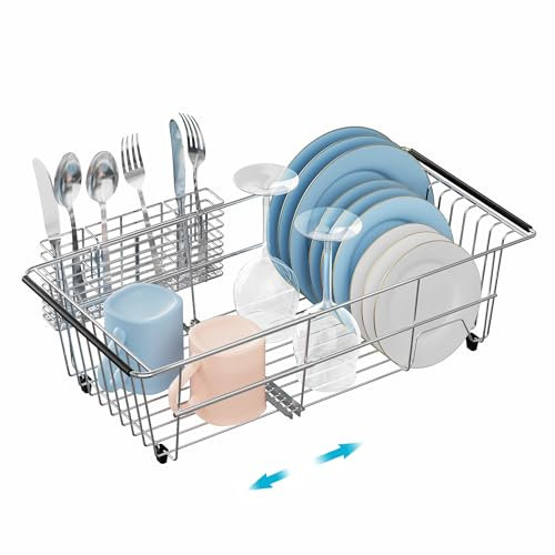 IPEGTOP Erweiterbares Abtropfgestell für die Spüle, einzigartiges, verstellbares Design (35,6 cm - 47 cm), rostfreier Edelstahl, Abtropfkorb mit Besteck, Besteckhalter für Küchentheke