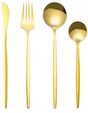FATASH 32 PCs Stainless Steel Cutlery Set | Modern Dinnerware Include Butter Knife Fork Spoons | Dishwasher Safe Tableware for Home Restaurant Mirror Finish Yellow Gold Plated Silverware Gift Set of 8