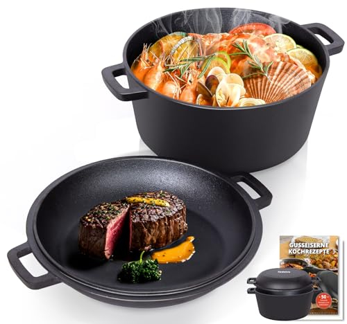 Todeco Olla de hierro fundido con Tapa, 5L, 2 en 1 Horno holandés Doble de Hierro Fundido Presazonado, para Todo Tipo de Cocinas, Cacerola con Receta de Libro para camping, cocina, BBQ Bake
