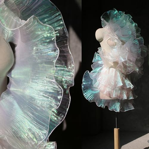 4,5 Metri di Nastro Arricciato Bianco Iridescente, Plissettato, in Chiffon, Decorazione per Abiti, Artigianato da Cucire a Forma di Medusa (Bianco Iridescente)