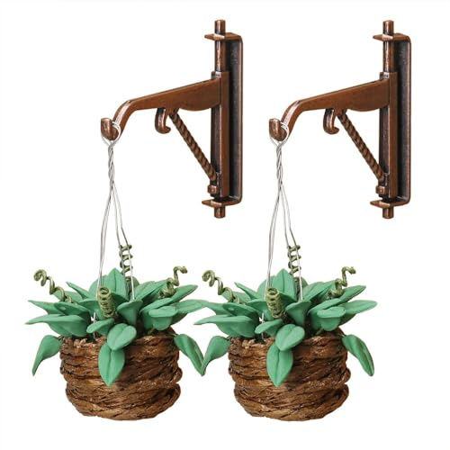 Odoria 1/12 Scale Dolls House Miniature Plants in Hanging Basket and Bracket 2Pcs Mini Wall Plant Hook Miniatures Dollhouse Decoration Accessories, Dark Green