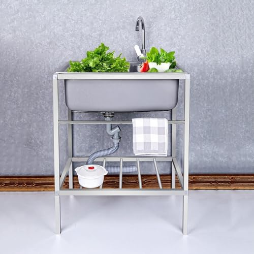 Spüle Edelstahl,Edelstahl Waschbecken für den Außenbereich,Outdoor Garage Garten Camping Keller Ausgussbecken mit Backsplash Abfluss Sieb,Spülbecken mit Warm Kaltwasserhahn (Size : 68 * 44cm)