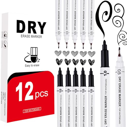 12 Stück Whiteboard Marker Schwarz,Dual-Tip whiteboard marker dünn 0.5-1.0 mm,non permanent folienstift,folienstift wasserlöslich,Folienstift abwischbar für whiteboard wand,wochenplaner abwischbar