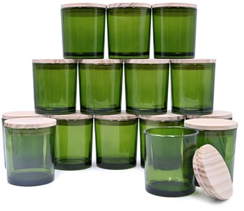 SHOWIN Dicke Kerzengläser zur Herstellung von Kerzen, 237 ml, grüne leere Gläser mit Holzdeckel für Kerzenherstellung, Probenbehälter, transparent, grün, 15 Stück