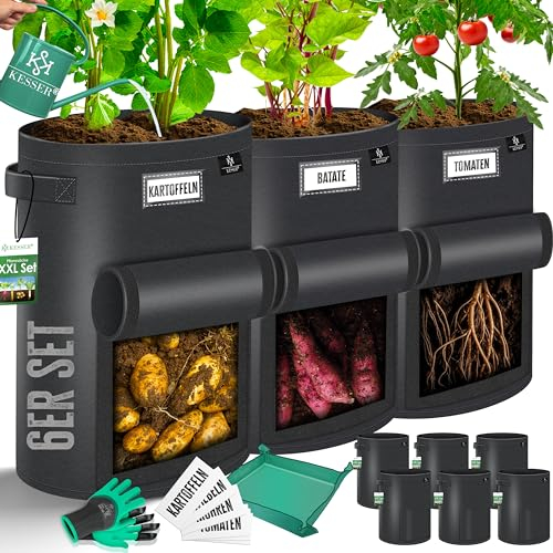 KESSER® Kartoffel-Pflanzsack 6-Set 38L | Kartoffel-Pflanzbeutel aus Vlies mit Namensschildern Pflanztasche mit Fenster & Griffen | Kartoffelpflanzgefäß waschbar mit Handschuhen & Arbeitsmatte Schwarz