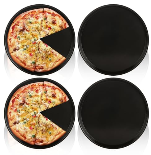 VIDETOL 4 Pack 12 inch Pizza Trays for Oven Non Stick, Non-Stick Round Pizza Pan, Carbon Steel Pizza Oven Trays for Baking and Serving, Less-Stick and Rust Resistant, Black