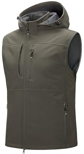 33,000ft Chaleco para hombre al aire libre impermeable softshell sin mangas chaleco de forro polar cálido con capucha cremallera completa chaleco softshell, verde oliva, XL