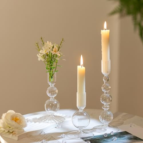 Hewory Kerzenständer Glas Stabkerzen Kerzenhalter: Kerzenständer Stabkerzen Gläser Deko Tischdeko, Stabkerzenhalter Glas für Wohnzimmer Hochzeit Party - 3er Set