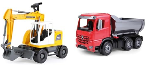 Lena 04611 - Worxx Schaufelbagger Modell Liebherr A918 Compact Litronic & 04610 - Worxx Muldenkipper Mercedes Benz Arocs, ca. 45 cm
