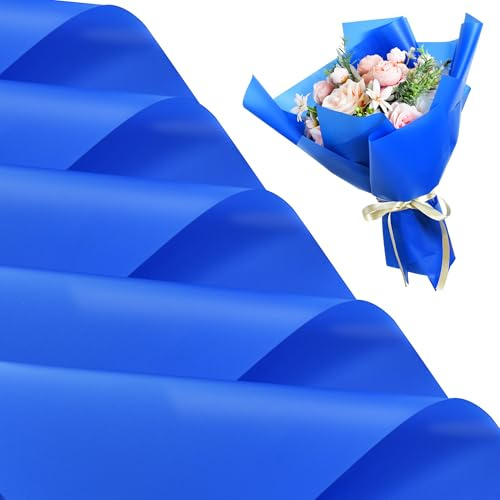 RIBBOOO 20 Sheets Royal Blue Floral Matte Wrapping Paper, Plastic Waterproof Wrap Paper for Gift Wrapping, Flower Bouquet Packaging, Bouquet Florist Supplies, Wedding, Birthday, Graduation