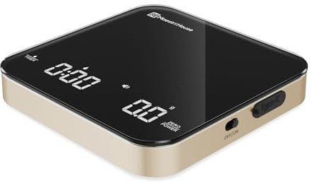 Uppladdningsbar mini-kaffevåg med timer, Maestri hus espressomåg, 2 kg/0,1 g exakt skala för espresso och hällkaffe, bärbar digital köksvåg med automatisk timer (vit och silver)