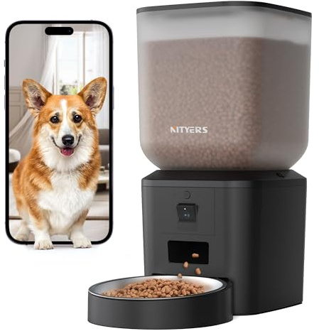 Nityers Distributore Automatico Cibo per Gatti e Cani con Telecamera 1080P e Visione Notturna, Audio Bidirezionale, WiFi 2.4/5GHz, Controllo APP, Ciotola Inox Grande