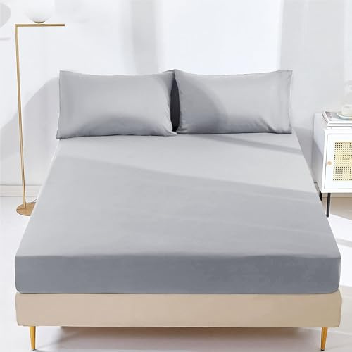 Double Fitted Sheet Non Iron Wrinkle, 25cm Deep Ultra Soft Microfiber Elastic Fitted Bed Sheets Easy Care, Fade Resistant (Silver)