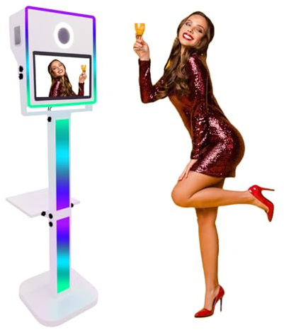 Cabine photo miroir pour appareil photo, station de selfie reflex numérique, coque de support avec écran tactile de 15,6, lumière RVB et étui de transport pour événements de location (blanc, 39,6 cm)