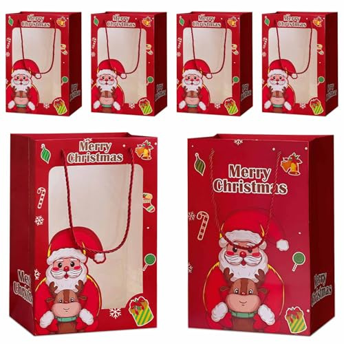 Geschenktüten Weihnachten mit Fenster,Weihnachtstüten Papier mit Henkel,6 Stück Rot Weihnachtsgeschenktüten Wiederverwendbare Geschenk Süßigkeitentasche 20x15x30cm