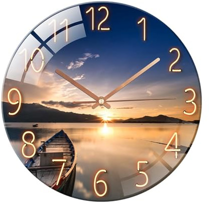 Horloge murale en verre silencieuse à balayage mécanique rond en verre, adaptée pour le salon, la cuisine, le bureau, la décoration de festival, cadeau (coucher de soleil)