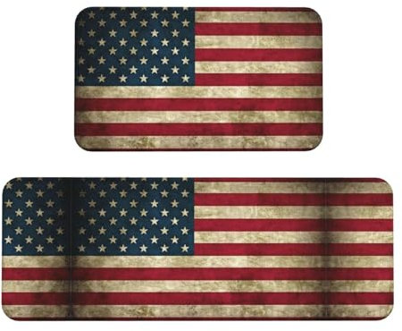 YQxwJL Küchenteppiche mit amerikanischer Flagge, rutschfest, 2er-Set, bequeme Stehmatten für Küche, Büro