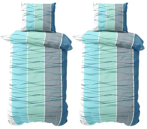 Visaggio 4teilig Bettwäsche Set 155x220 cm Mikrofaser Bettbezug Deckenbezug Kissenbezug Wellen gestreift modern Blau Türkis mit verdecktem Reissverschluss
