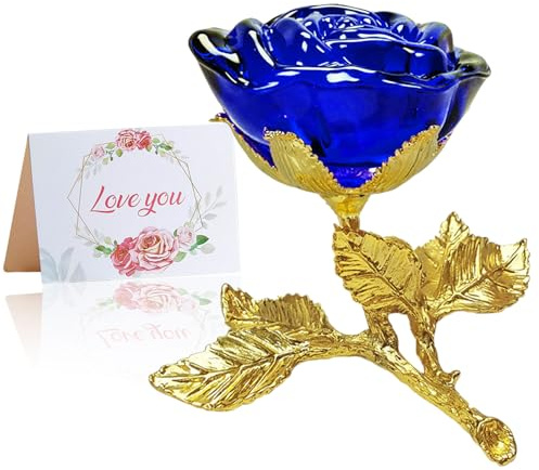 Willuck Blu Rosa di Cristallo Fiore,Statuetta a Forma di Rosa in Vetro con Foglie Stelo Dorato,Vetro Artificiale Cristallo, Ornamento da Collezione,Regalo di Natale,San Valentino,Festa Della mamma