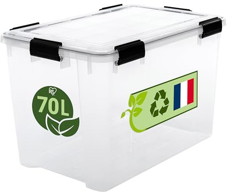 Iris Ohyama, Caja de Almacenamiento Hermética Plástica, 70L, Transparente, Tapa, Junta Impermeable, Clips de Cierre, Apilable, para Exterior, Garaje, Ropa, Antipolvo, Sin BPA, WSB-70