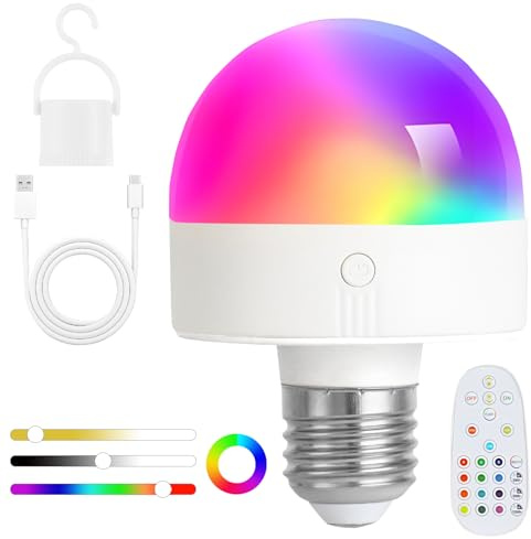 Psatfito Rechargeable Light Bulb with Timer and Remote, Dimmable Battery Light Bulbs with Magnetic Base, E27/E26 Detachable Charging LED Bulb, Non Hardwired Lamps with 3 Color Temperatures + 12 RGB
