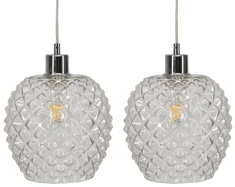 firstchoicelighting Set of 2 Glass Easy Fit Ceiling Lightshades or Pendant Shades, Clear Textured Glass, Height 21cm Diameter 19cm