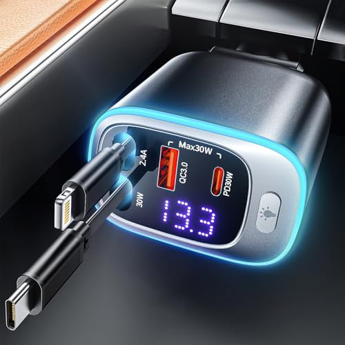 Rolgno Retractable Car Charger, [4-Port Fast Charging] 72W Car Charger Adapter, Car Accessories for Women Men Gifts, Cigarette Lighter USB C Car Phone Charger for iPhone 17 Pro Max/SamSung/Galaxy/iPad