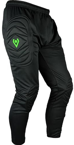Rehab Pantalon de gardien de but long, noir, sous-vêtement professionnel rembourré, pour adolescents et enfants (taille 128-164), protection respirante pour l'entraînement et le jeu, noir/vert, 14 ans