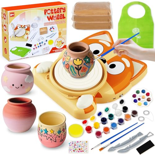 Töpferscheibe für Kinder, komplettes Töpferwerkzeug-Set für Anfänger, Kunst und Handwerk für Kinder im Alter von 8–12 Jahren, mit 3 lufttrocknendem Ton, Mini-Töpferscheibe mit Fußpedal (Hund