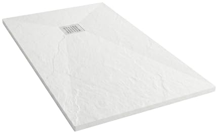 Plato de Ducha Resina Rectangular Antideslizante Pizarra 170x70 Blanco | Valvula de 52 l/min Incluida que Evacua Sin Charcos, Superficie Antibacteriana, Aligerado a 28 kg/m2, 3 Años de Garantia