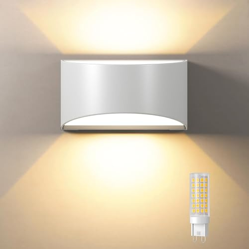 Uwithm - Aplique de pared para interior y exterior, 3000 K, blanco cálido, bombillas LED G9 reemplazables, apliques de pared exterior IP65, blanco estilo moderno para cuarto de baño, sala de estar